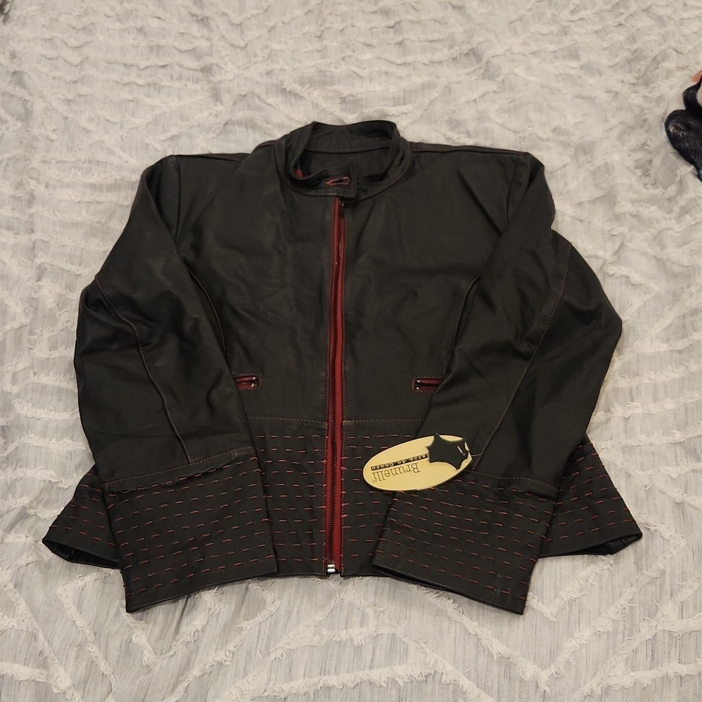 Black leather Tina Brunelli jacket with red detail size GG, new with tags!
